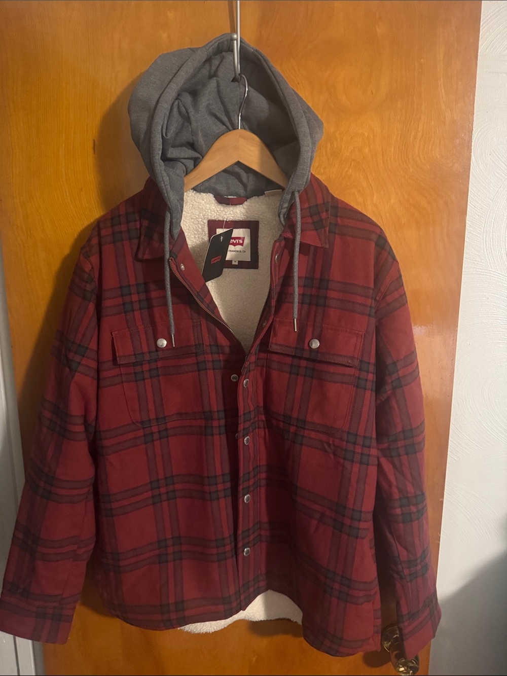 Levis Shirt Jacket Mens Medium Red Plaid Fleece Sherpa Shacket